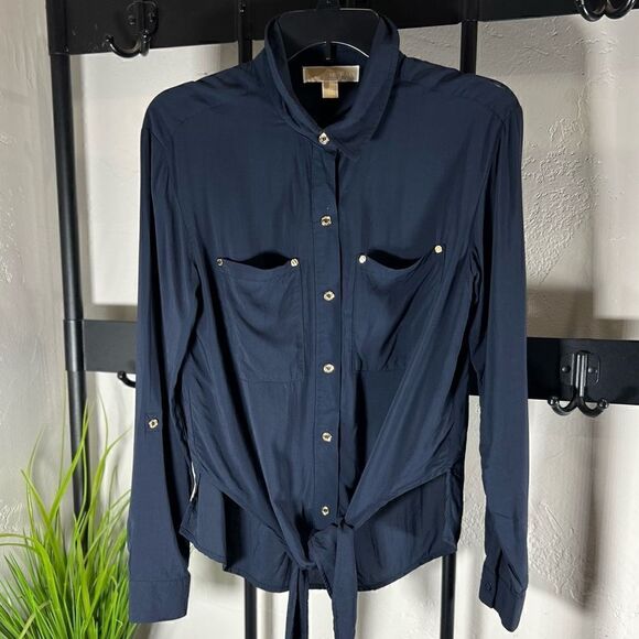 Michael Kors button down tie blouse navy blue size XS - Picture 6 of 12